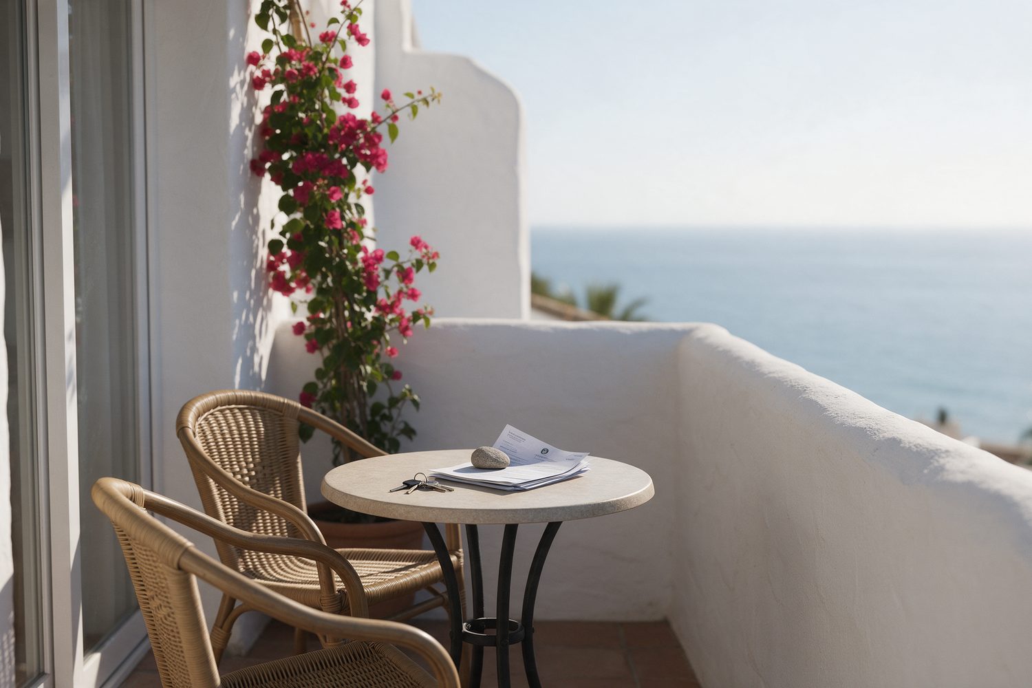 Holiday apartment terrace on the Costa del Sol with keys and papers on a bistro table and the Mediterranean behind